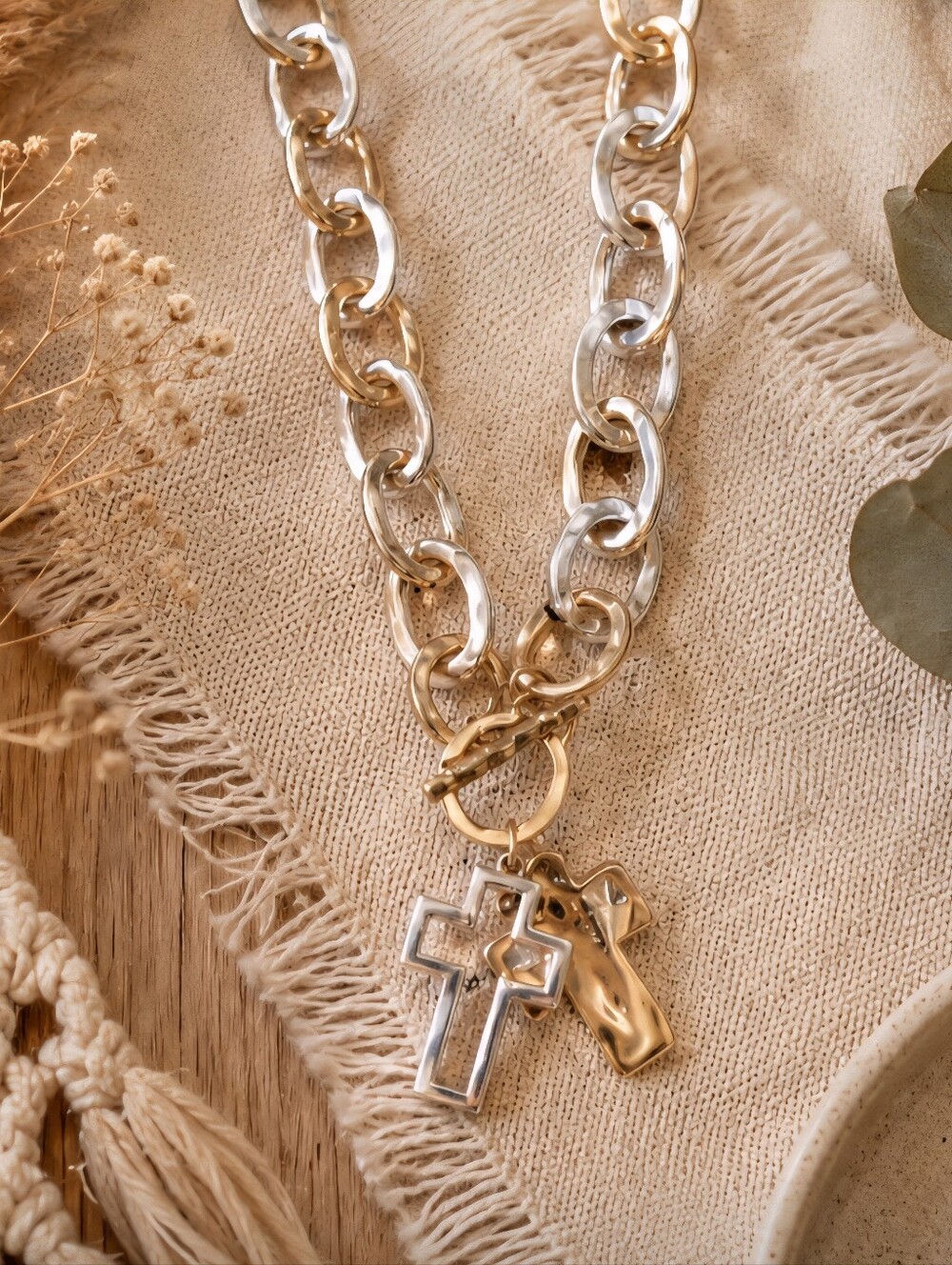 Two-Tone Cross Charm Chain Necklace — Gold & Silver
